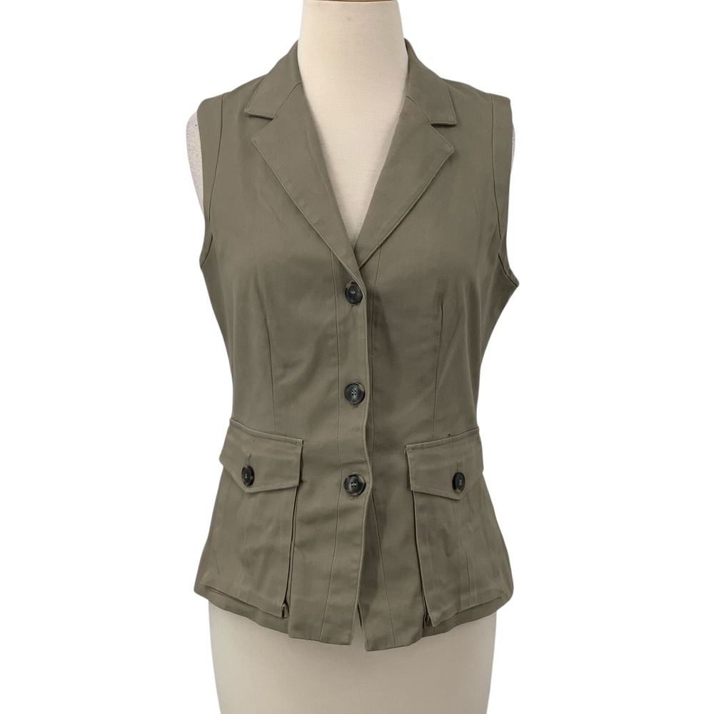 Apostrophe Women's Sleeveless Button Down Lined‎ Vest Taupe Pockets Size 4